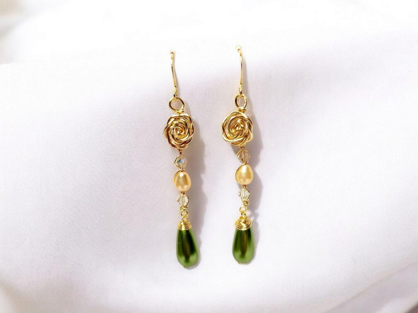 Golden Rose, with peach pearl (natural) and green pearl tear drop