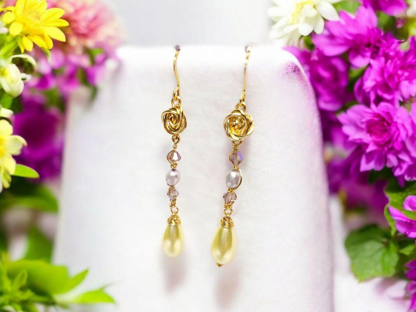Golden Rose, with lavender  freshwater pearl and yellow pearl tear drop