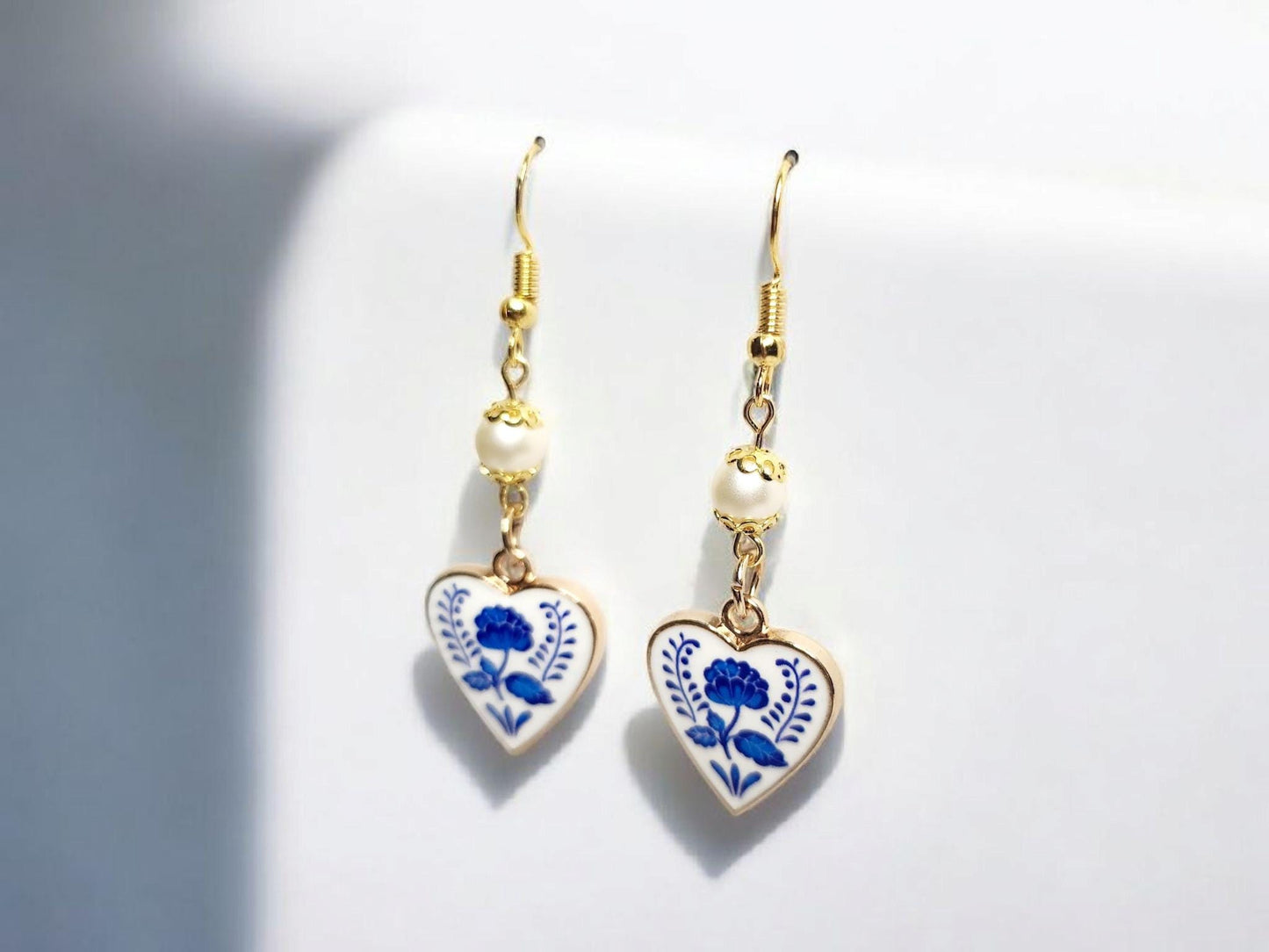 Old World style white and blue heart with white crystal pearl beading