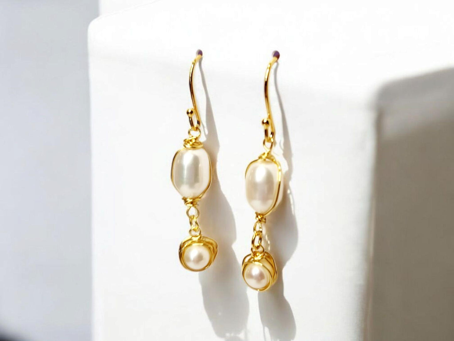 Large Double Freshwater Pearl and gold drop earrings