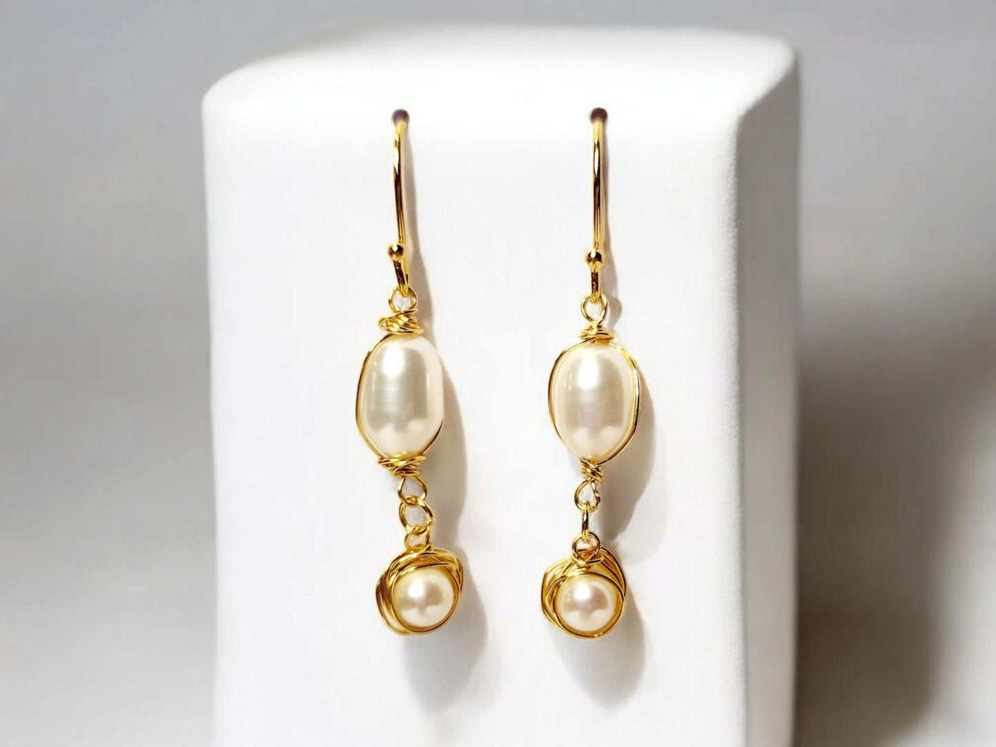 Large Double Freshwater Pearl and gold drop earrings