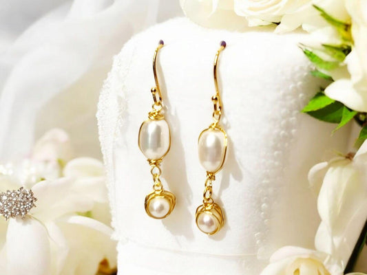 Large Double Freshwater Pearl and gold drop earrings
