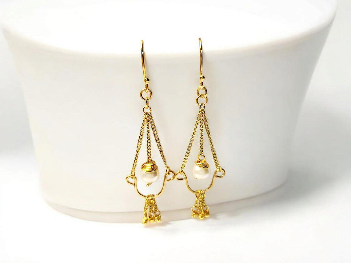 White Freshwater Pearl and Gold Chain Chandelier Earrings