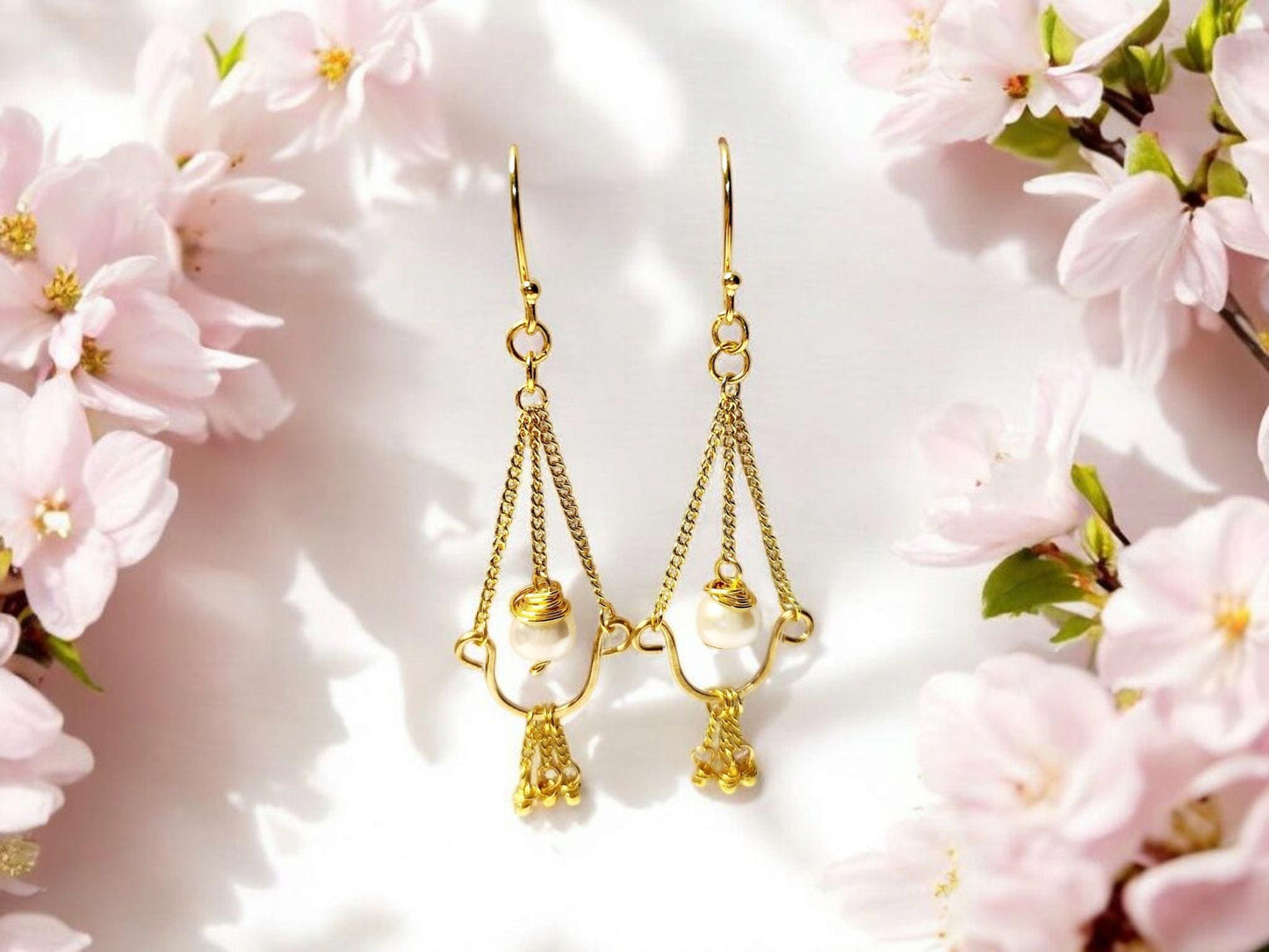 White Freshwater Pearl and Gold Chain Chandelier Earrings