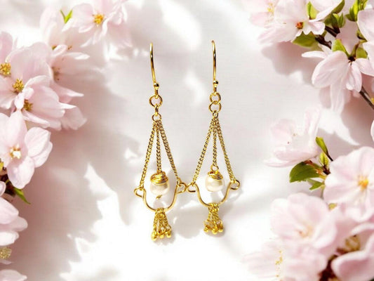 White Freshwater Pearl and Gold Chain Chandelier Earrings