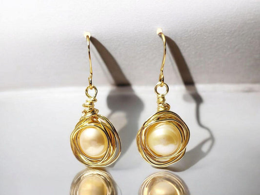 Large Freshwater Pearl Gold Wrapped Drop Earrings