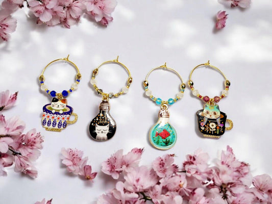 Whimsical Cat wine charms with crystal embellishments-Set of 4 gold plated wine charms in blue, grey, teal and purple crystals.