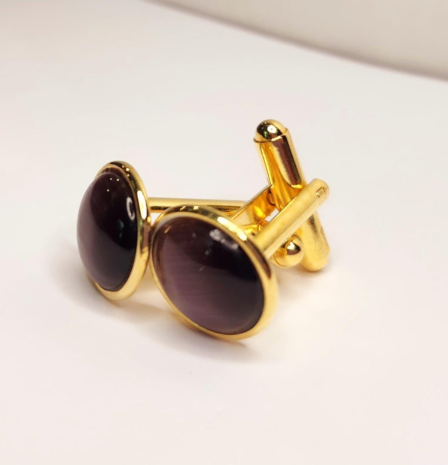 Gold Cuff Links, Purple Cat's Eye 12mm cabochon