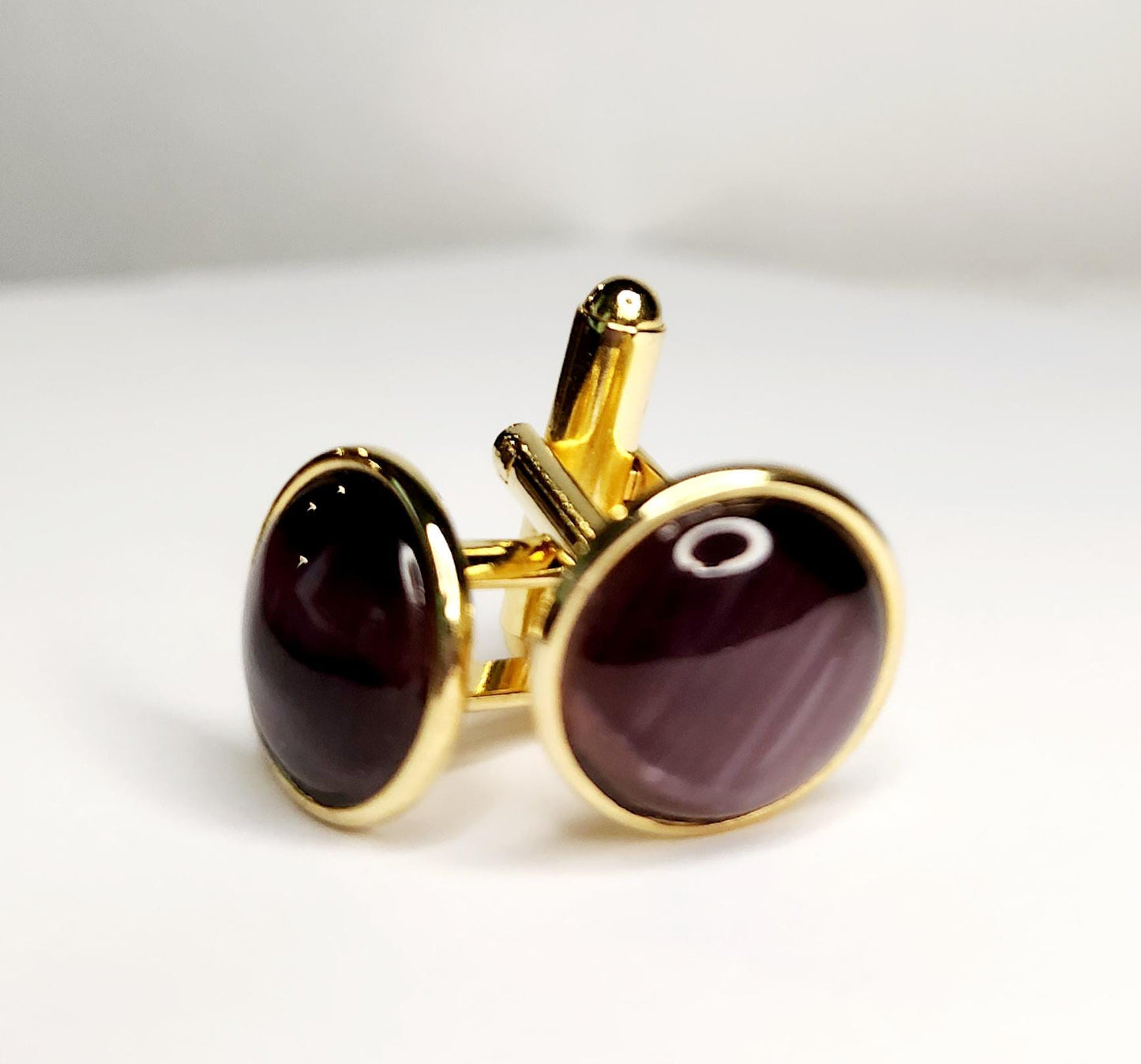 Gold Cuff Links, Purple Cat's Eye 12mm cabochon
