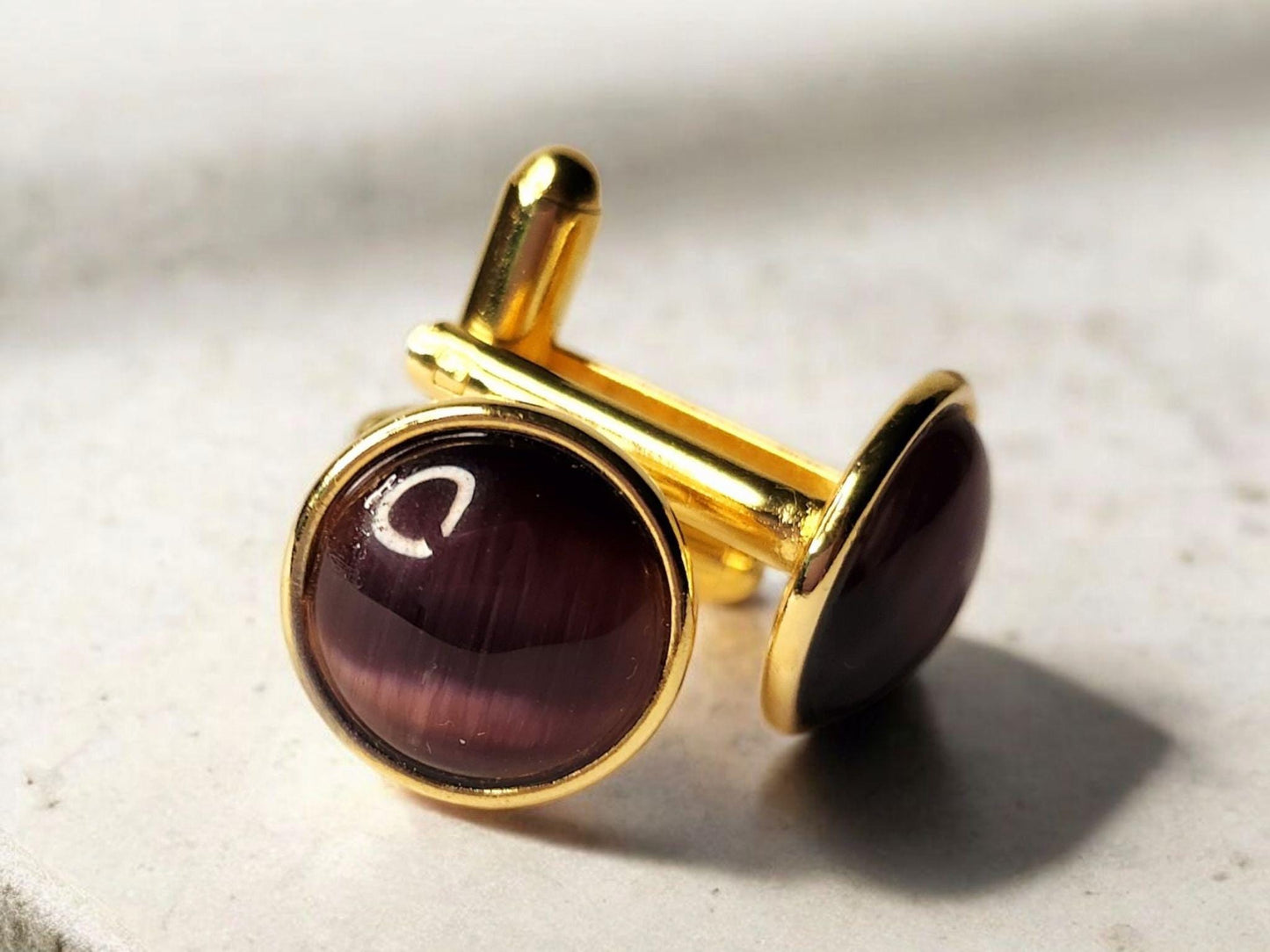 Gold Cuff Links, Purple Cat's Eye 12mm cabochon