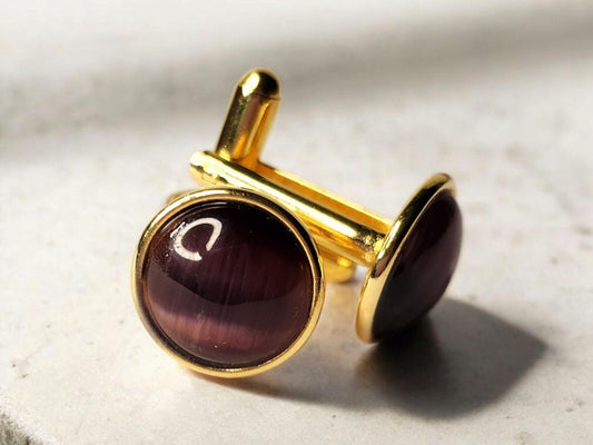 Gold Cuff Links, Purple Cat's Eye 12mm cabochon