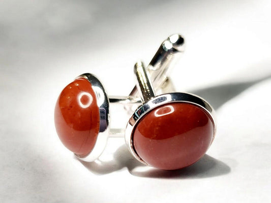Cuff Links, Red Jasper Gemstone 12mm cab round, set in silver