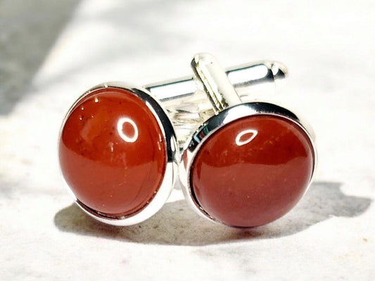 Cuff Links, Red Jasper Gemstone 12mm cab round, set in silver
