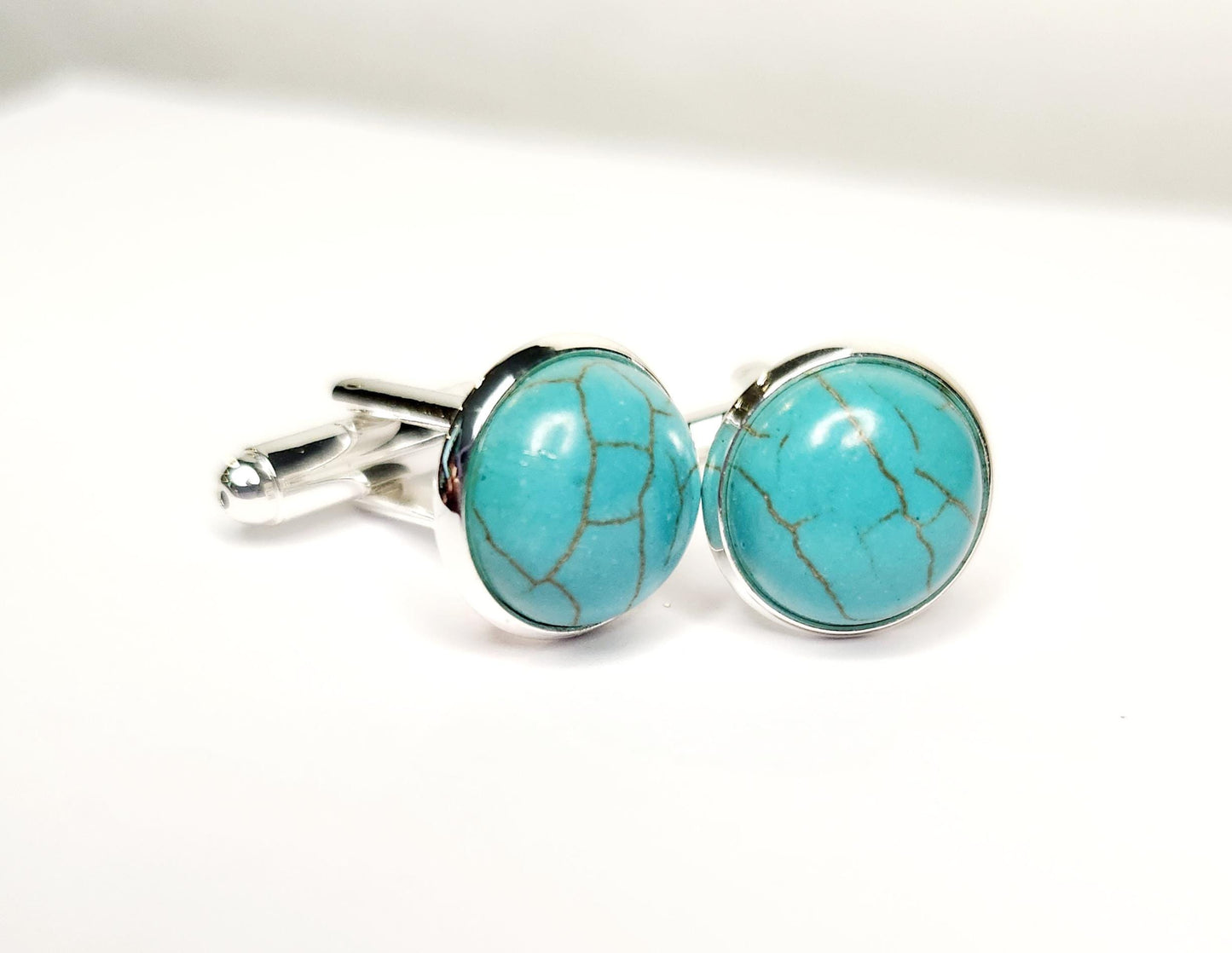 Cuff Links, Magnesite Gemstone 12mm cab round, set in silver