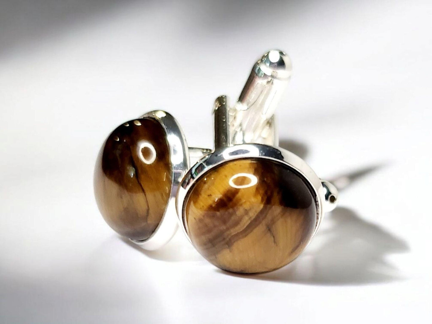 Cuff Links, Tigereye (natural) Gemstone 12mm cab round, set in silver