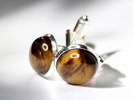 Cuff Links, Tigereye (natural) Gemstone 12mm cab round, set in silver