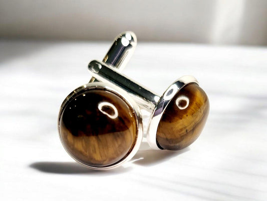 Cuff Links, Tigereye (natural) Gemstone 12mm cab round, set in silver