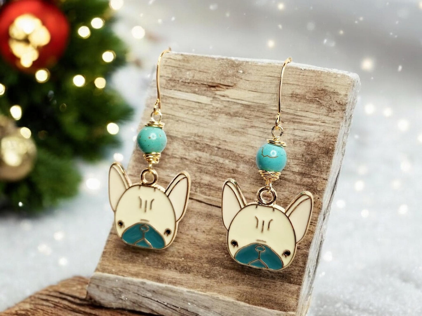 Pug dog charm dangle earrings and wire wrapped magnesite beading.