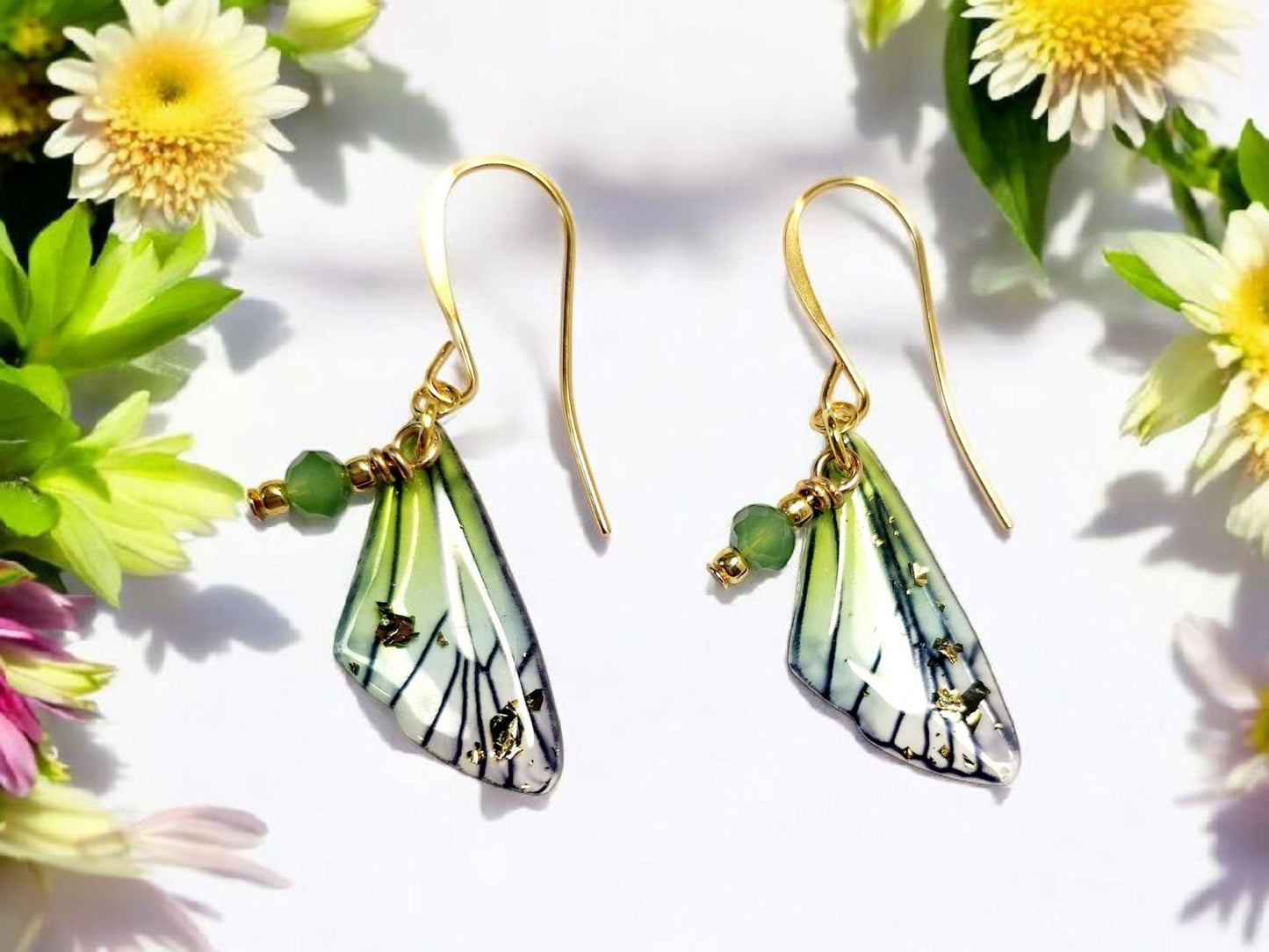 Fairy Wing Earrings Green and Blue with Gold Plated Ear Wires