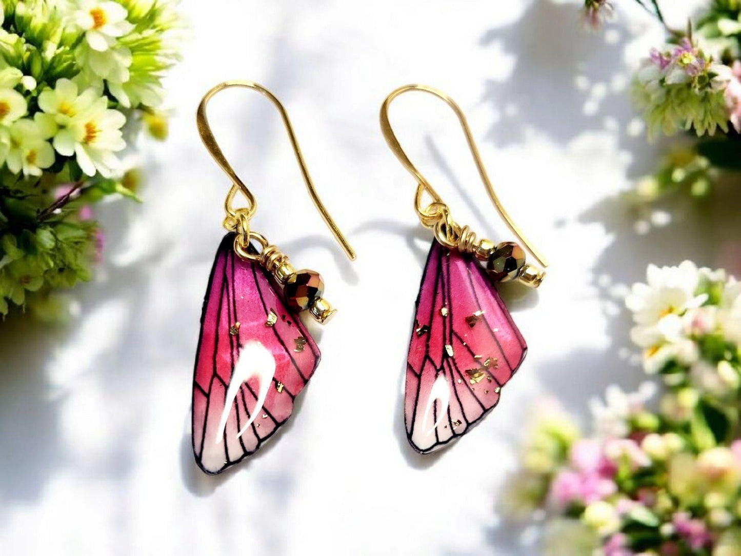 Fairy Wing Earrings in Magenta with gold specks on gold plated Ear Wires