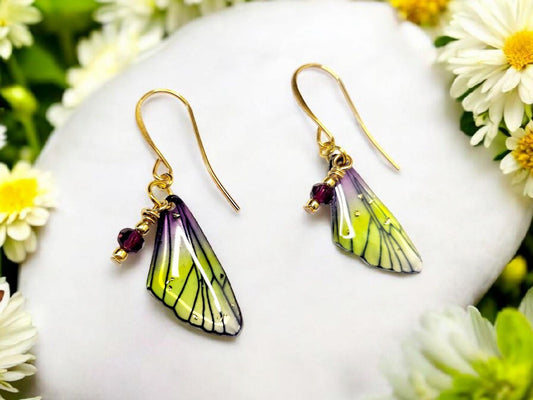 Fairy Wing Earrings in Purple and Green set on Gold plated ear wires