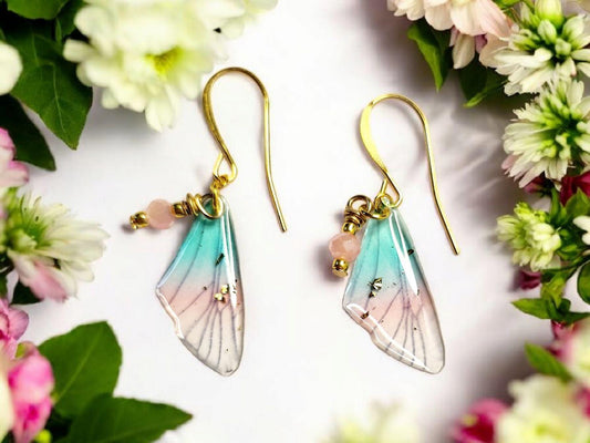 Fairy Wing Earrings in Turquise and Pink set on Gold plated ear wires