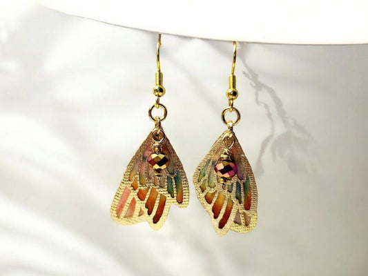 Butterfly Wing Dangle Earrings in Golden Amber with faceted beading