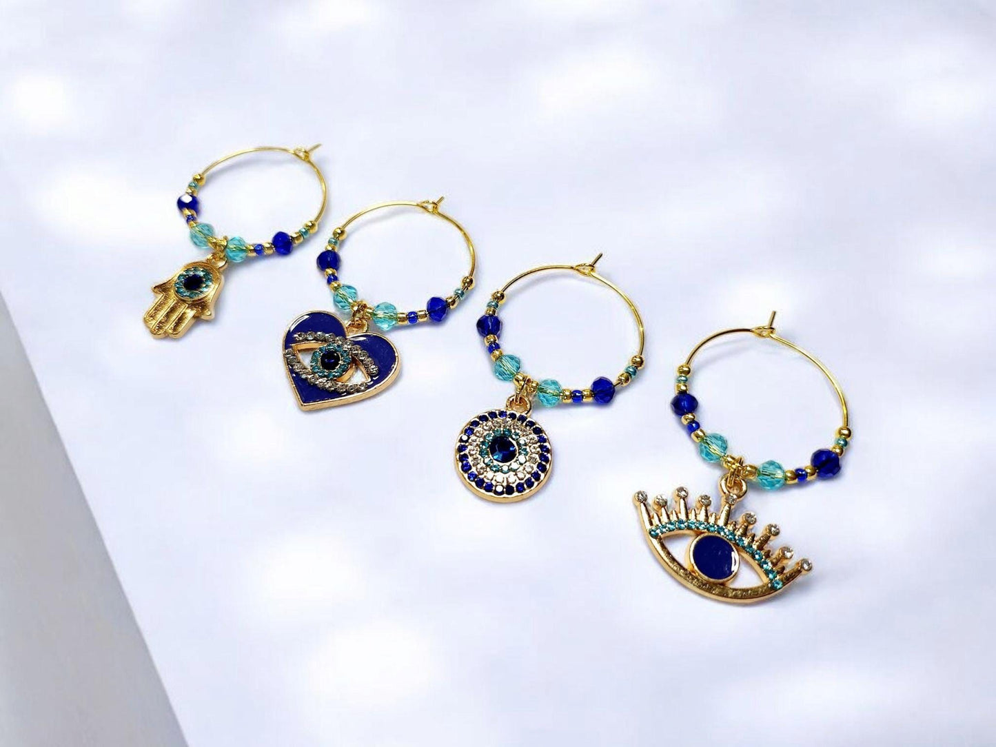 Evil Eye Ward in Blue and Gold Rhinestone Wine Charms