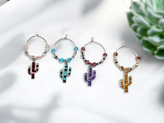 Colorful Enamel Cactus Wine Charms in pink, purple, orange and blue with crystal embelishments