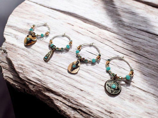 Western Themed Wine Charms in bronze and silver tones wtih crystal beading embelishments