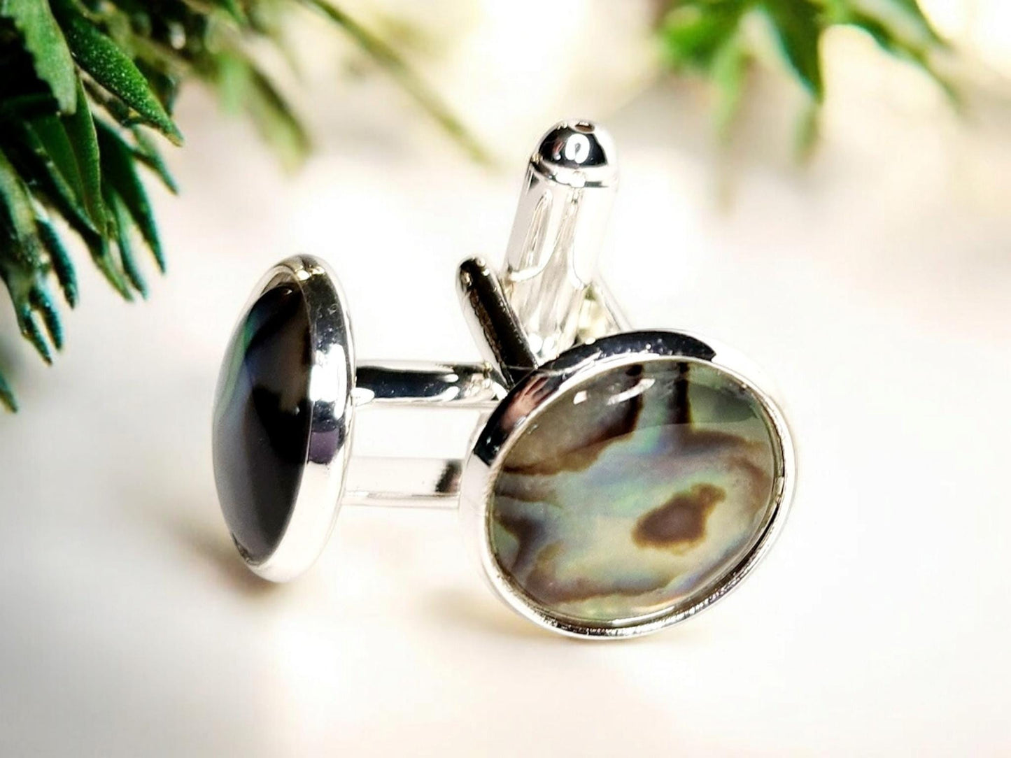 Silver Cuff Links, Pau Shell 12mm cab (natural)