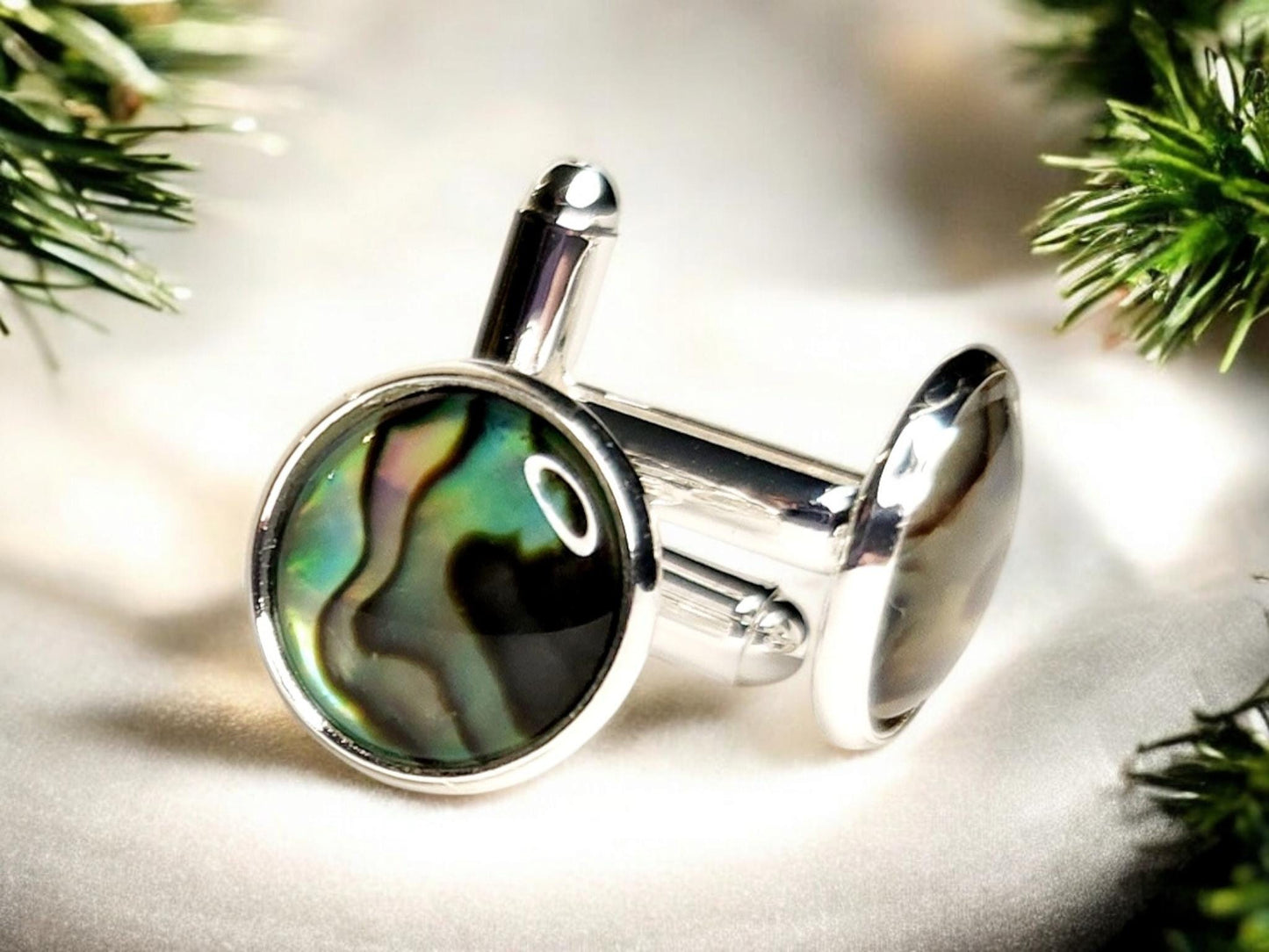 Silver Cuff Links, Pau Shell 12mm cab (natural)