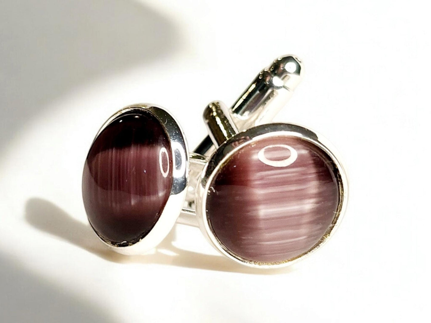 Silver Cuff Links, Purple Cat's Eye 12mm cabochon