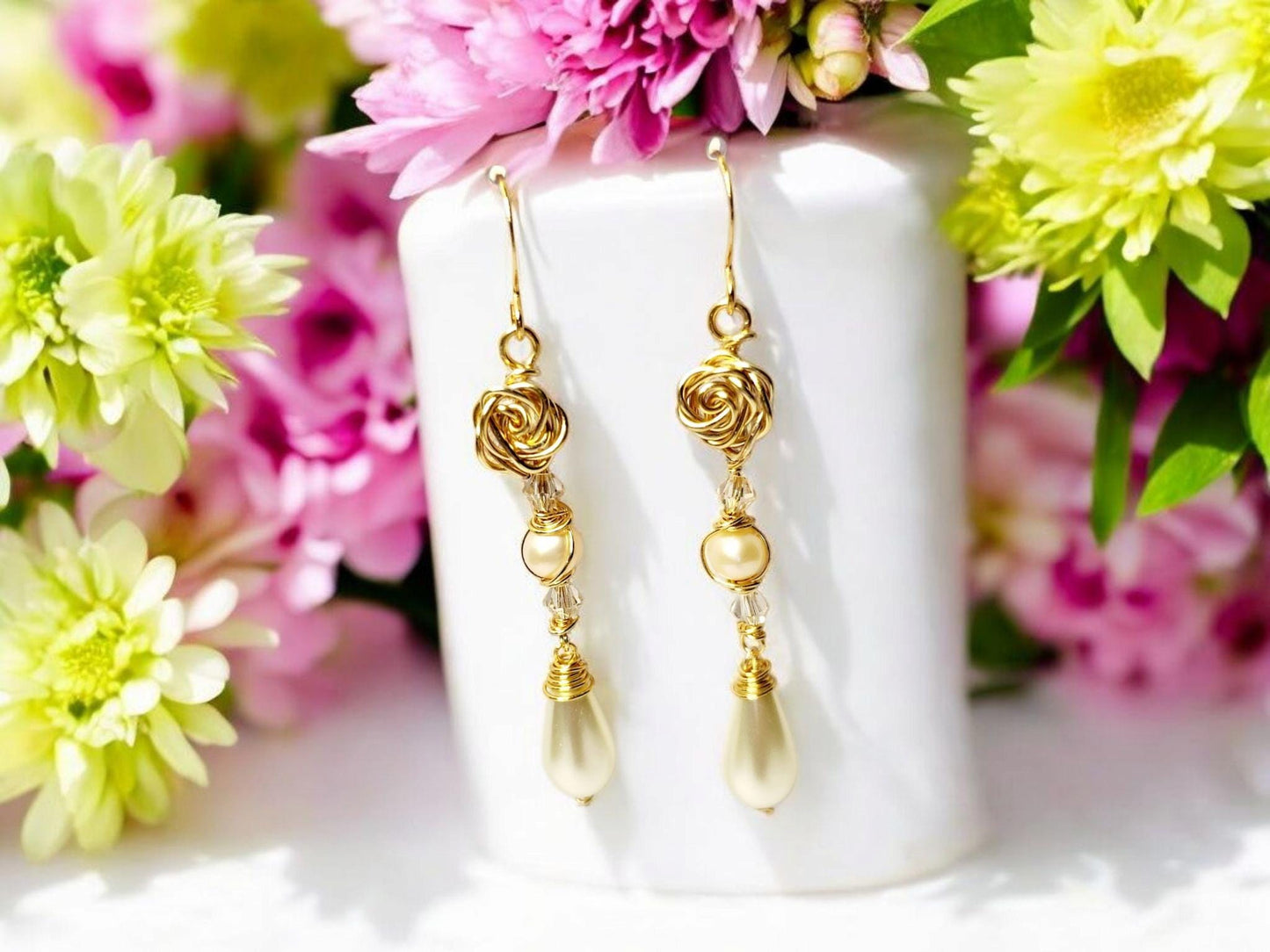 Golden Rose, with peach pearl (natural) and white pearl drop