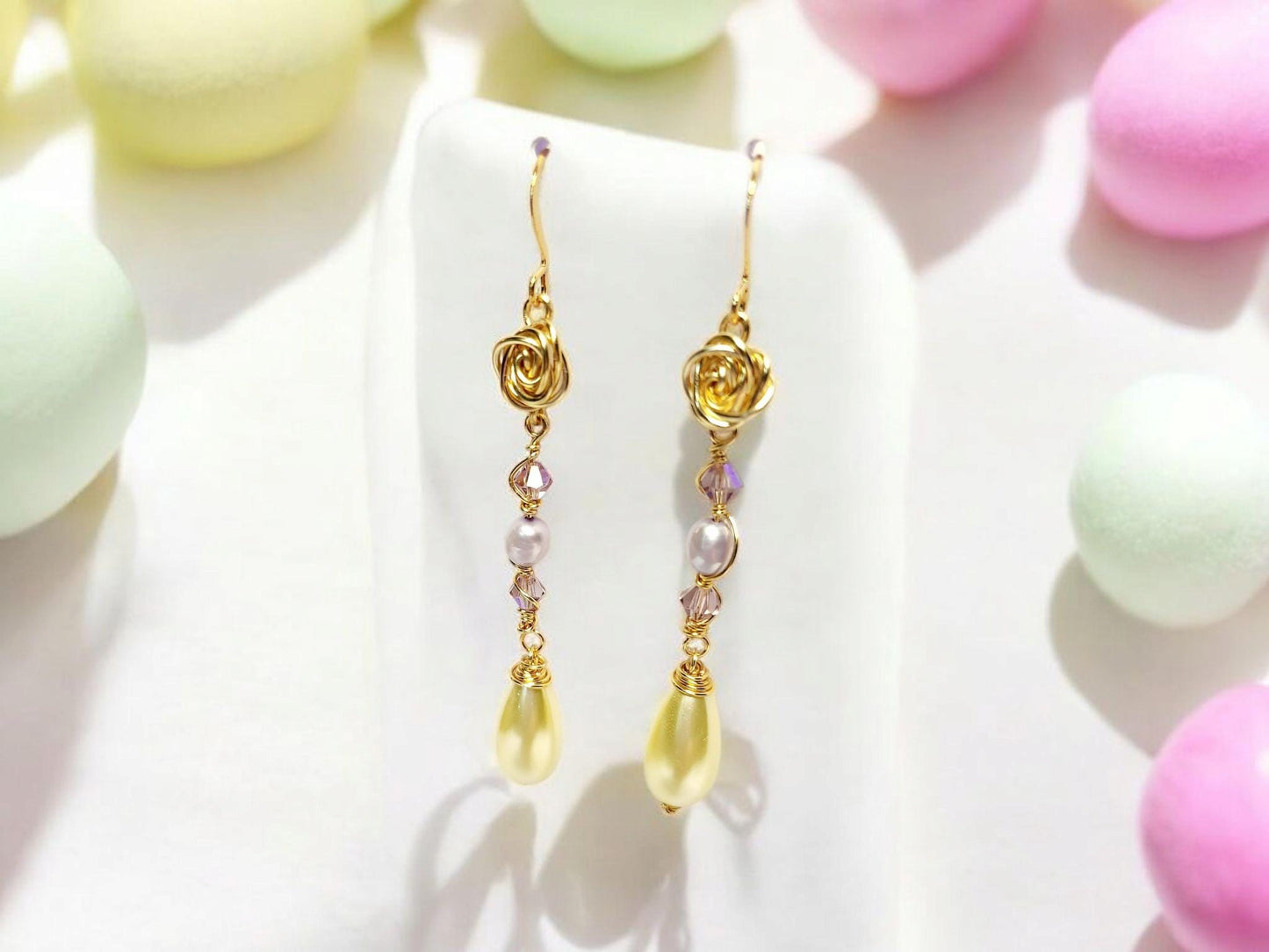 Golden Rose, with lavender  freshwater pearl and yellow pearl tear drop