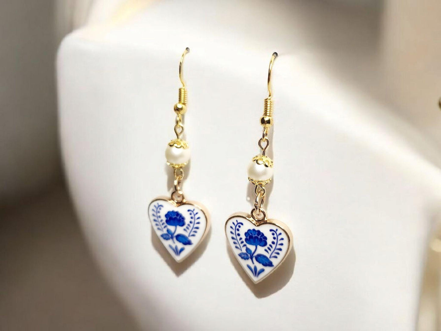 Old World style white and blue heart with white crystal pearl beading