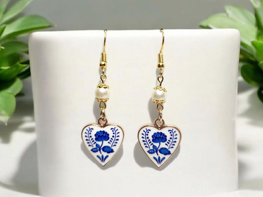 Old World style white and blue heart with white crystal pearl beading