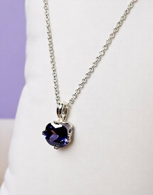 Tanzanite CZ Cushion-Cut Pendant in Sterling Silver on Adjustable Rolo Chain