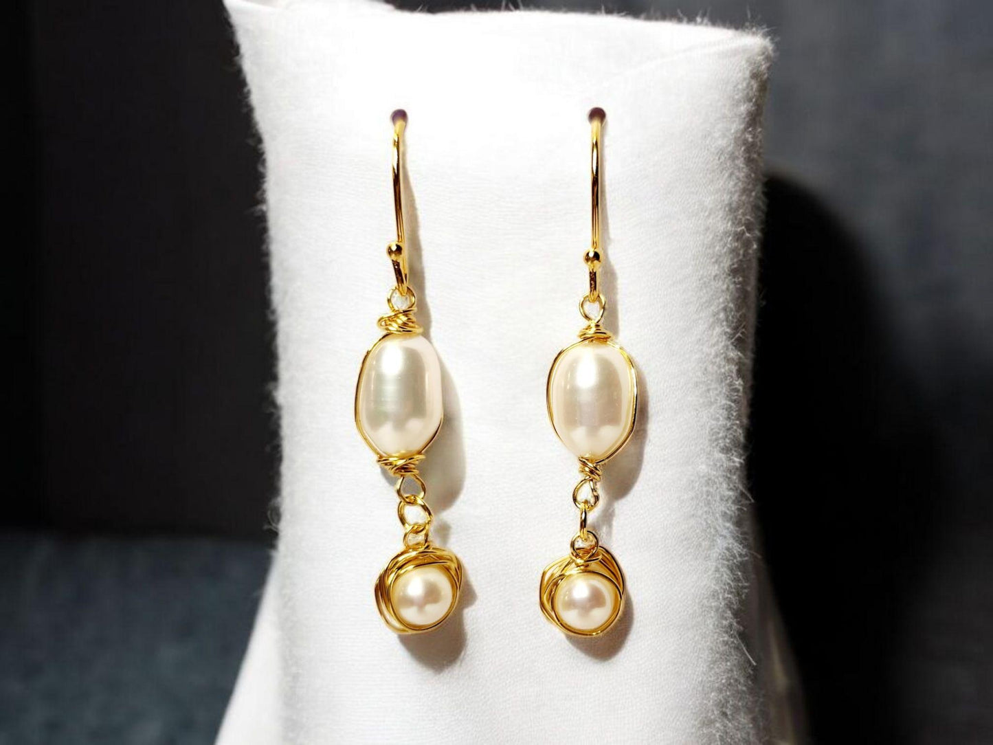 Large Double Freshwater Pearl and gold drop earrings
