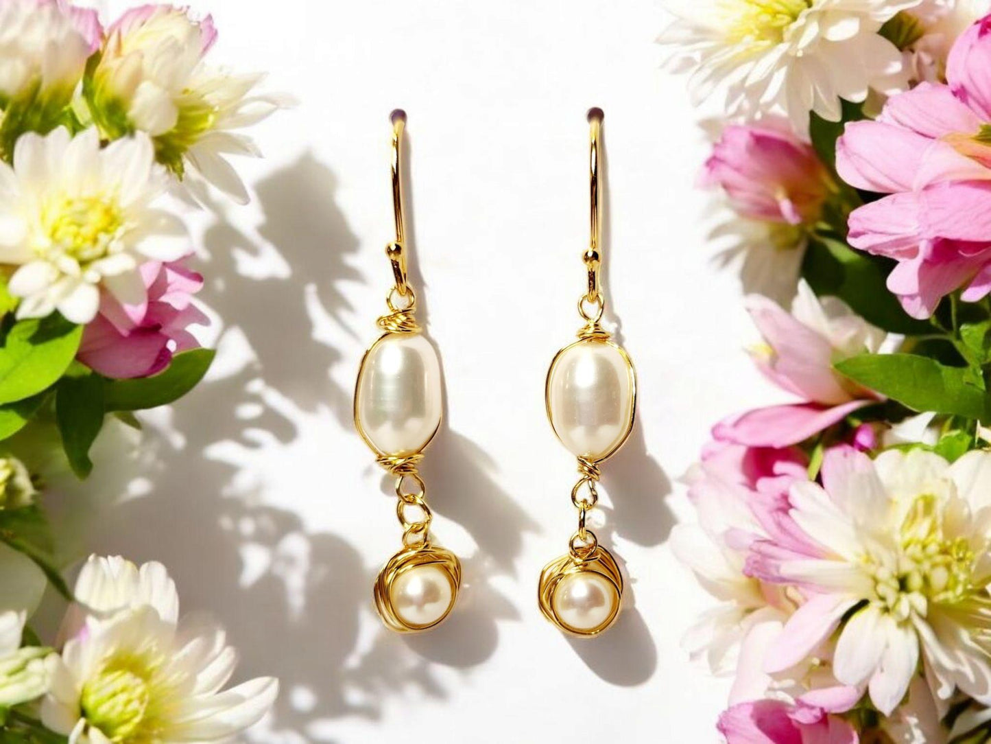 Large Double Freshwater Pearl and gold drop earrings