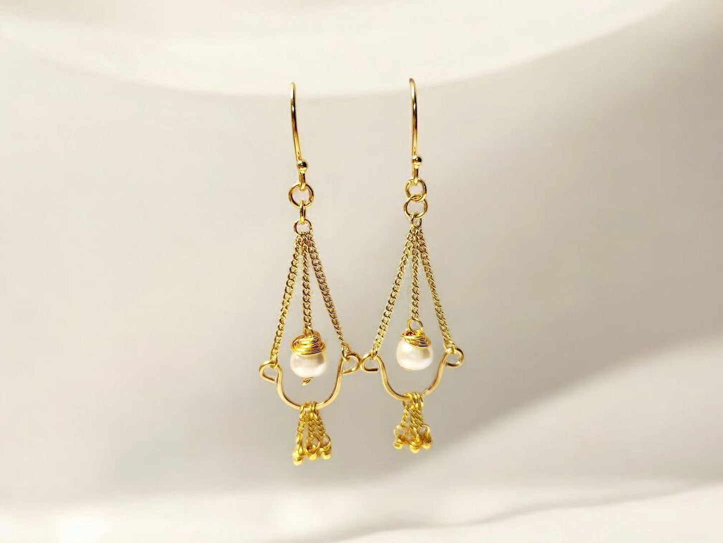 White Freshwater Pearl and Gold Chain Chandelier Earrings