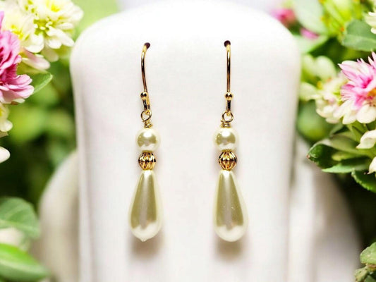 Classic White Pearl Teardrop and Gold Earrings