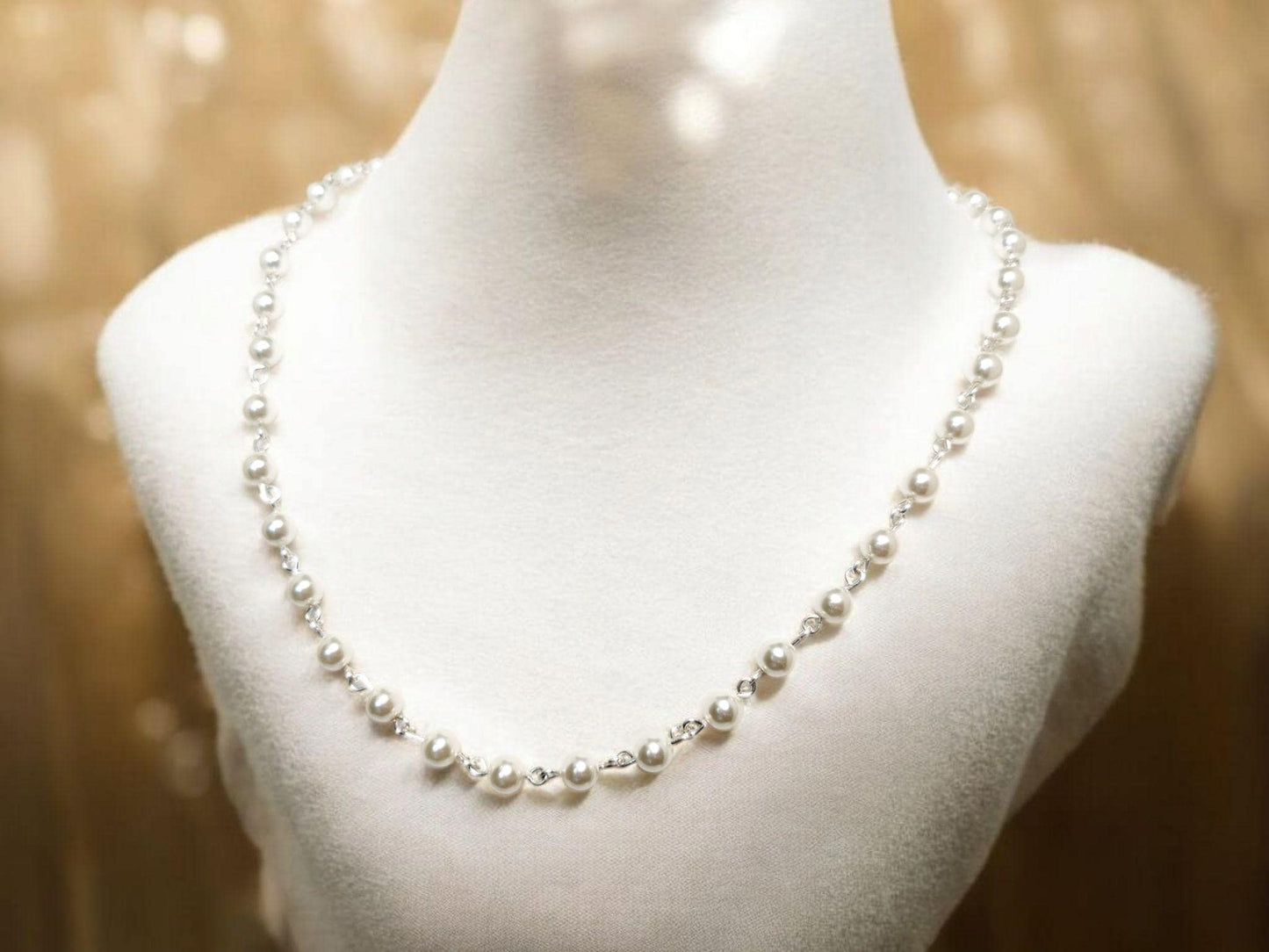 Opera length white crystal pearl necklace with silver links