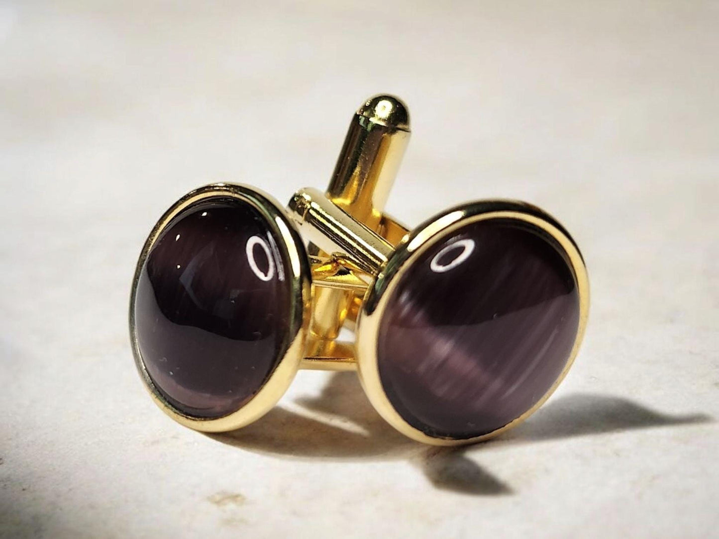 Gold Cuff Links, Purple Cat's Eye 12mm cabochon