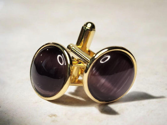 Gold Cuff Links, Purple Cat's Eye 12mm cabochon