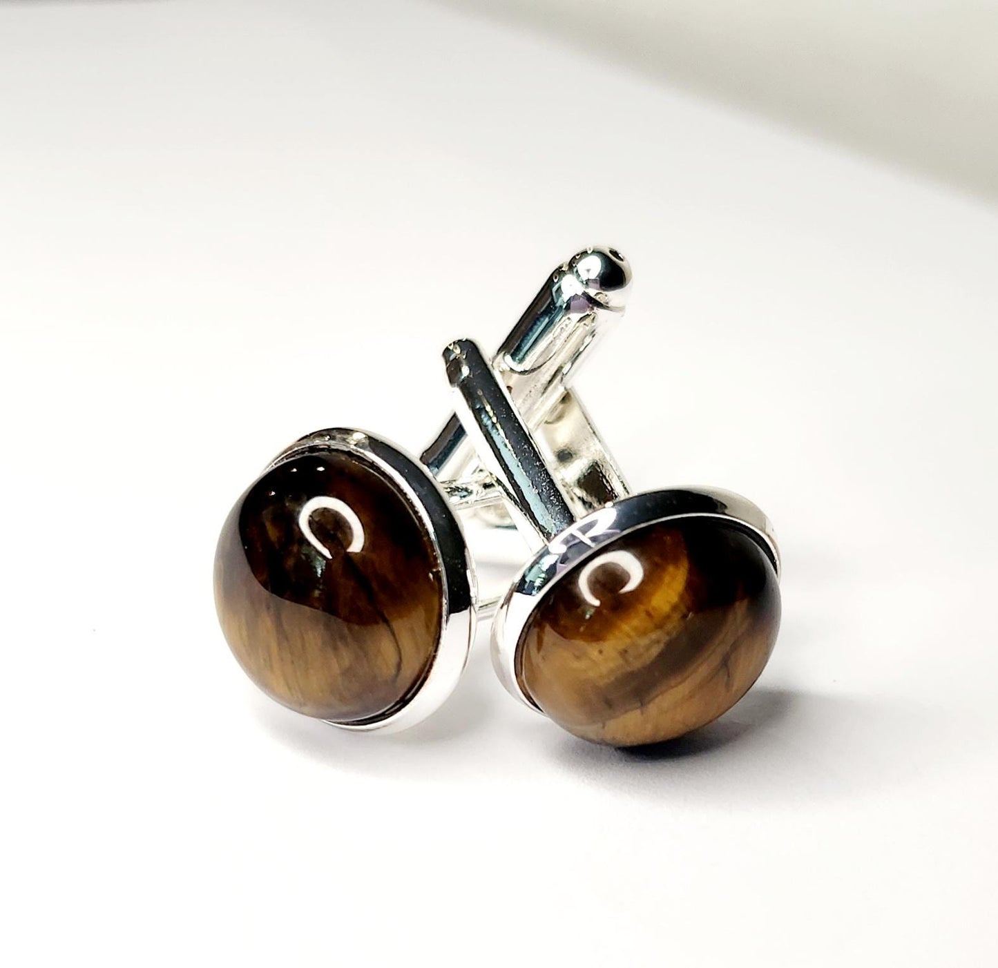 Cuff Links, Tigereye (natural) Gemstone 12mm cab round, set in silver