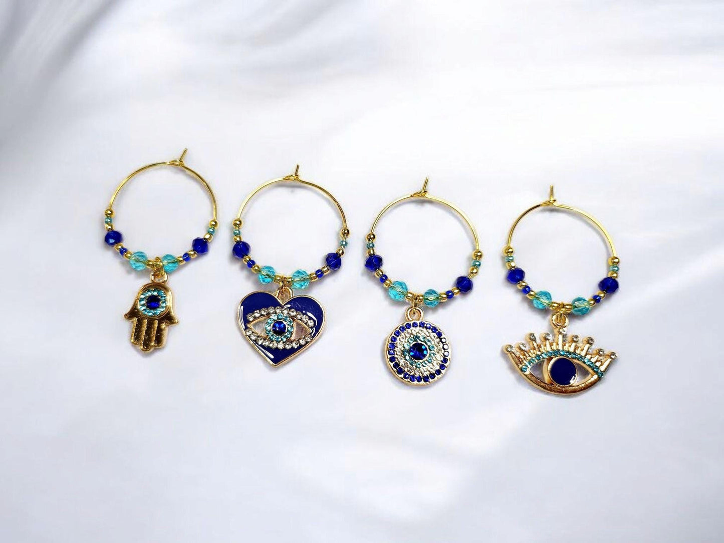 Evil Eye Ward in Blue and Gold Rhinestone Wine Charms