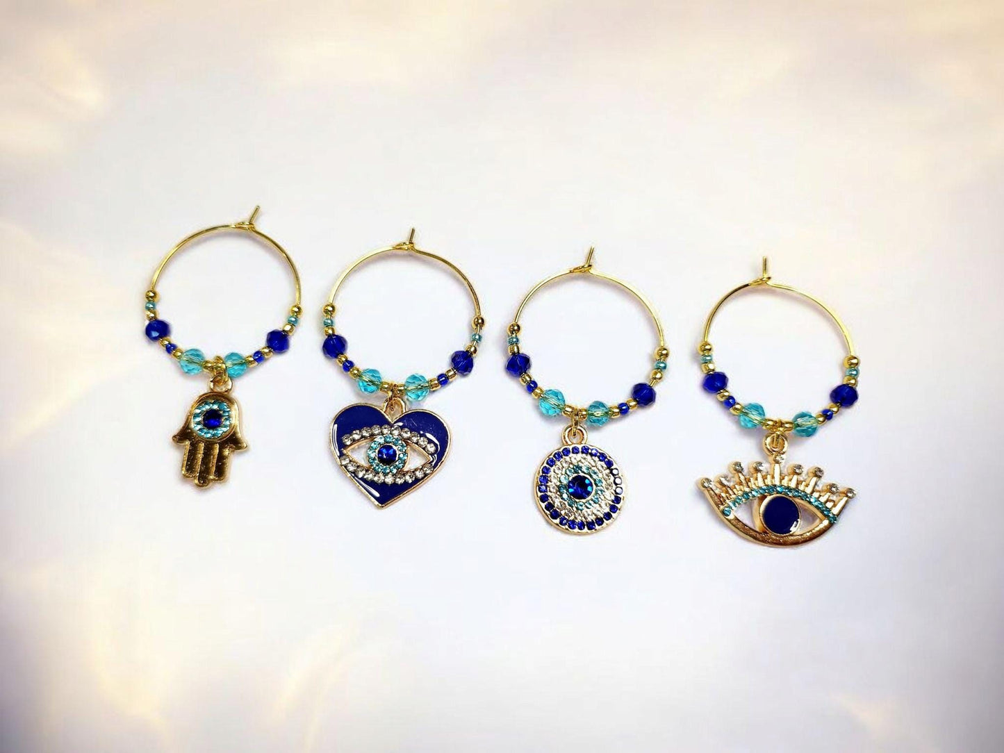 Evil Eye Ward in Blue and Gold Rhinestone Wine Charms