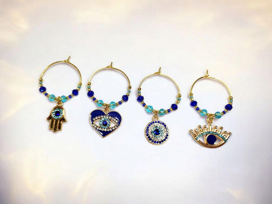 Evil Eye Ward in Blue and Gold Rhinestone Wine Charms