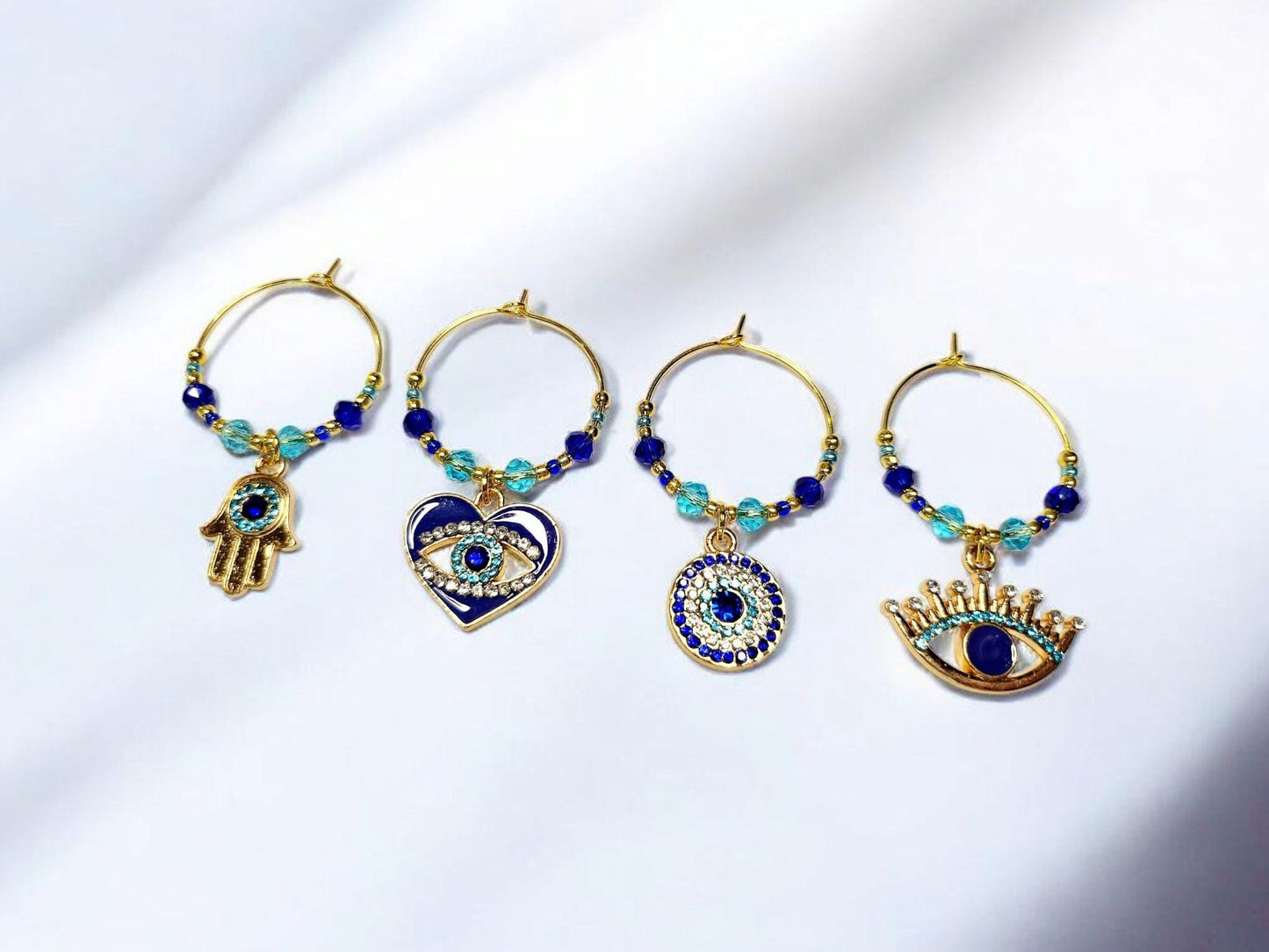 Evil Eye Ward in Blue and Gold Rhinestone Wine Charms